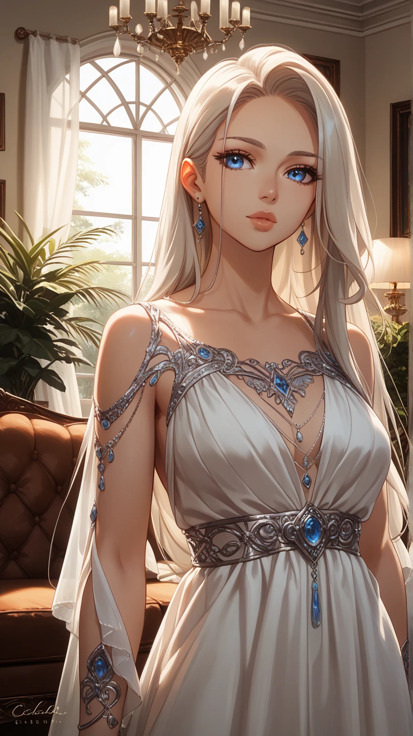 (masterpiece、top-quality、top-quality、Official art、Beautifully Aesthetic:1.2)Platinum blonde wavy hair、adult lady、Enchanted smile、blue eyess、tiny chest、耳Nipple Ring、a necklace、A bracelet