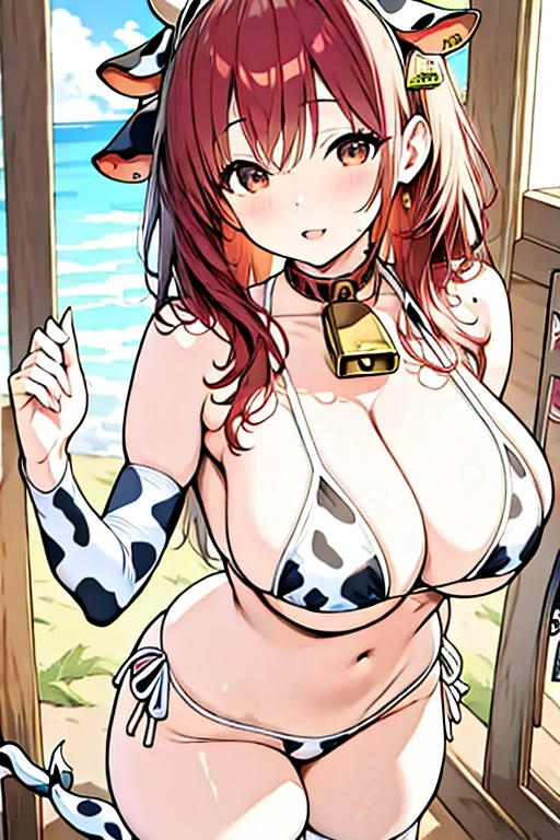 1girl, solo, nakano ichika, pink short hair, (naked:1.3), (white apron), large breasts, cleavage, thighs, cafe background, (blushing:1.2), smiling, Jobria Ratatata, Heather Rose Tartare, through bangs, side locks, shairband, (red eyes:1.5), black hair color hair,
broken cleavage, exposed bare shoulders, scantily clad, 鎖骨, pantiess, underwear only, scantily clad,
BREAK indoors, bunk,
BREAK LOOKS AT THE AUDIENCE, (cow boy shooting:1.5),
off and on (tmasterpiece:1.2), Best quality, A high resolution, Unity8k wallpaper, (illuminations:0.8), (beautidful eyes:1.6), Extremely detailed face, perfect litthing, extremely detremely detailed CG, (Perfect hands, perfect anatomia), masterpiece、top-quality、ultra-detailliert、high-resolution illustrations、Ultra-high-definition CG、8k size wallpaper、offcial art、production art、Skin quality improvement、girl with、very comfyVThe bikini、The upper part of the body、(Huge laughter:1.1)、(Opening Mouth:1.1)、(widely opened eyes:1.2)、Delicat eyes、Sun glare、bokeh dof、depth of fields、blurry backround、Particles of light、、(cleavage of the breast:1.1)、
