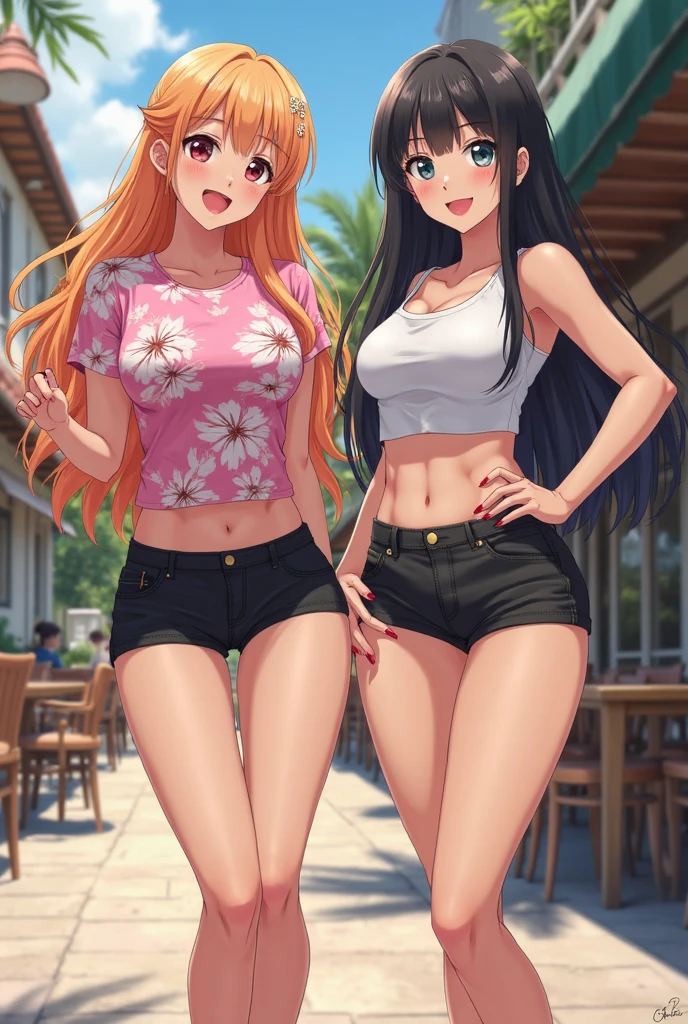 Masterpiece, best quality, (detailed face), minami kotori, curvy body, smile ,looking_at_viewer, shirt, :d, shoes, off_shoulder, hand_on_hip, v, one_side_up, casual, t-shirt, wristband, capri_pants