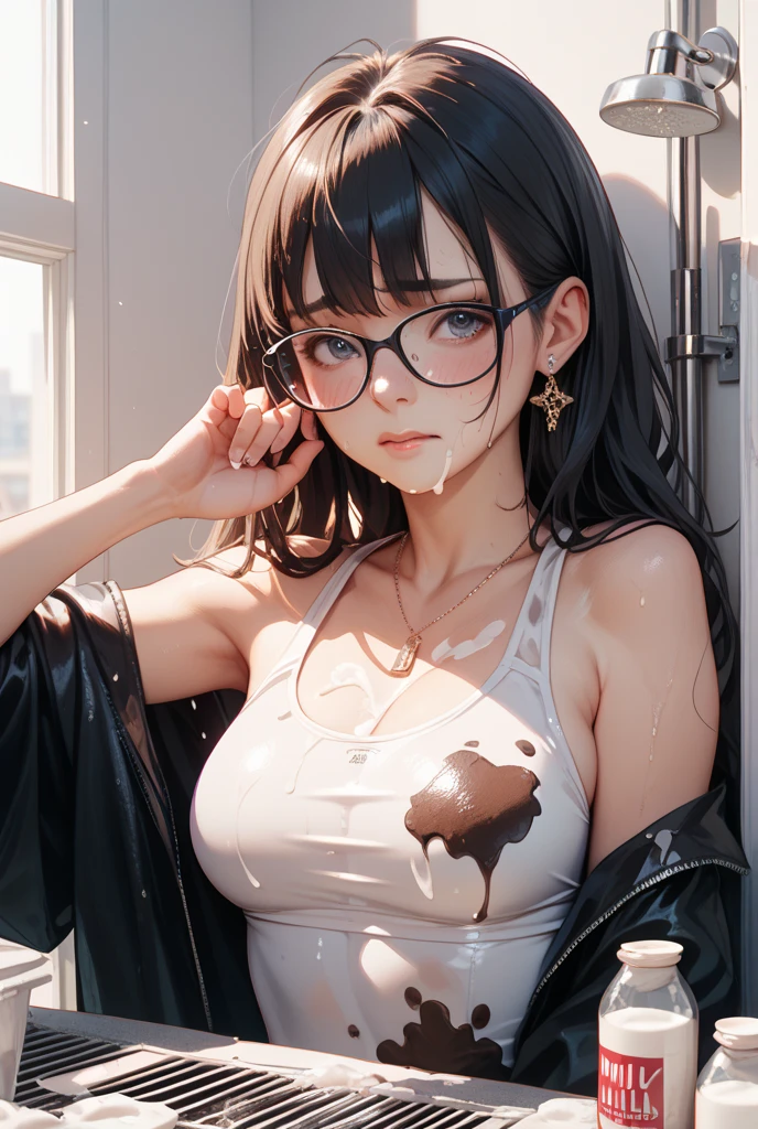 1girl, black hair, sidelighting, nsfw, nude, red eyes , sexy, muscular, short hair, muscles, medium boobs, big ass, big butt, fully nude, solo, no clothes, medium breasts, fit, masterpiece, detailed eyes, big eyes, anime, heavy makeup, detailed pupils, semen on breasts, cumshot, facial, cum on breasts, muscular arms, close up facial, cum on face, glasses