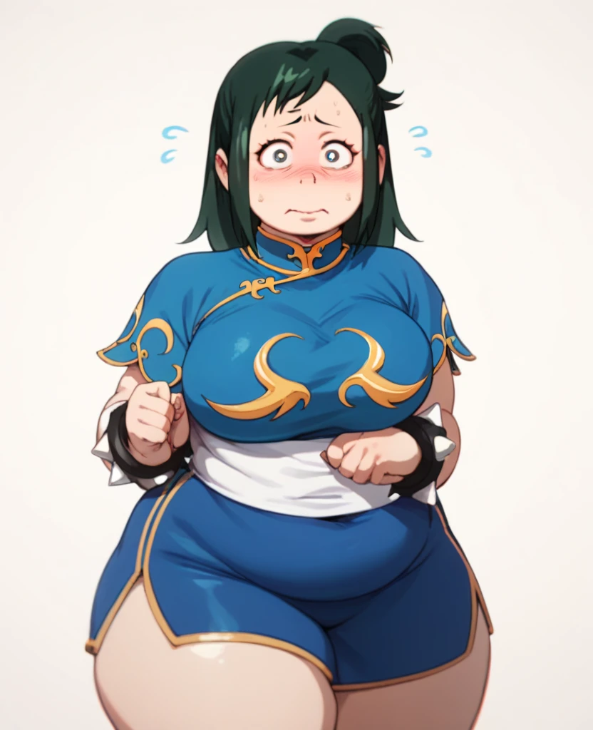 (masterpiece, best quality), 1girl, big belly, blurry background, huge belly, art by kipteitei, chubby, curvy, lyn_(fire_emblem), green hair, long hair, green eyes, high ponytail, blue dress, jewelry, fingerless gloves. hair ornament, belts, smiling, simple_background, gradient_background,