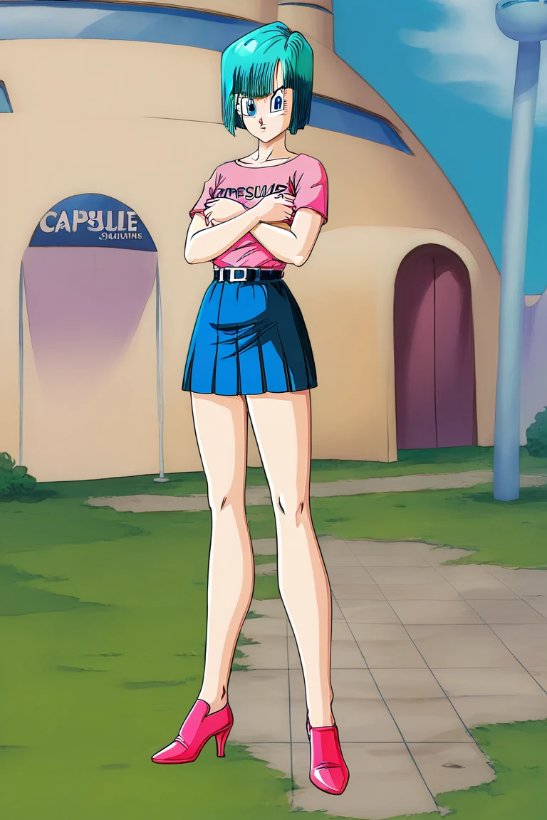 (Full body, view from below, cowboy shot, looking at viewer, masterpiece, best quality, ultra detailed, immaculate:1.2) Android 18 from DBZ, 30 y.o. woman, red eyes, short BLONDE hair, posing for photo, seductive smile, grey jacket, red necktie, green skirt, Sakura tree, building, (pinched eyes) (closed mouth) (hands on hips)