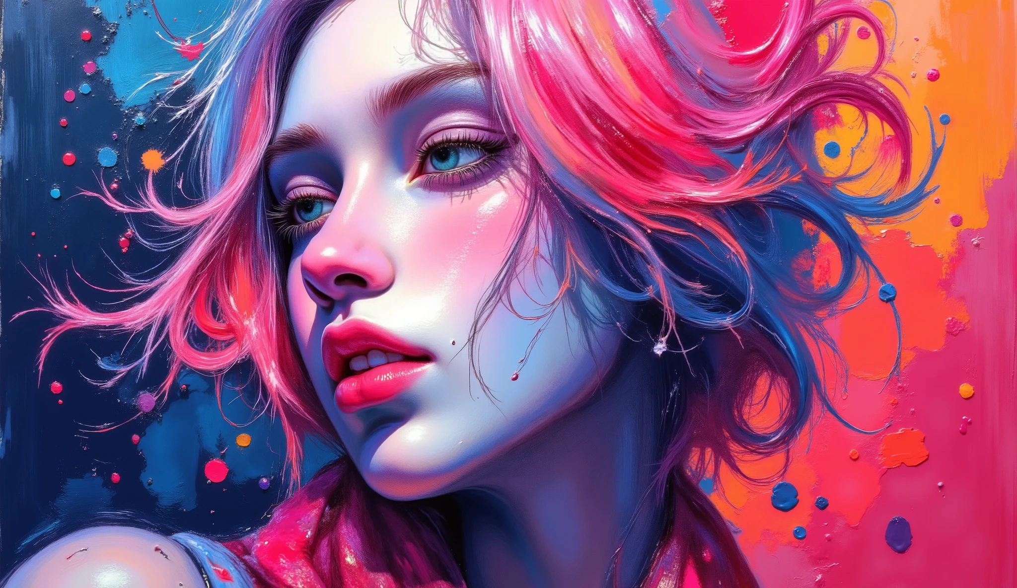 An abstract portrait of a woman composed of swirling brushstrokes and illuminated colors, with textured paint creating a sense of depth and movement. The figure is adorned with flowing garments that blend seamlessly into the background. The color palette is bold and dynamic, featuring neon pinks, neon blues, golds, and silvers. The composition evokes a sense of mystery and transformation. In the style of impressionistic oil paintings, reminiscent of Van Gogh and Monet, with a modern twist of digital art. The figure is illuminated and shine with the light.