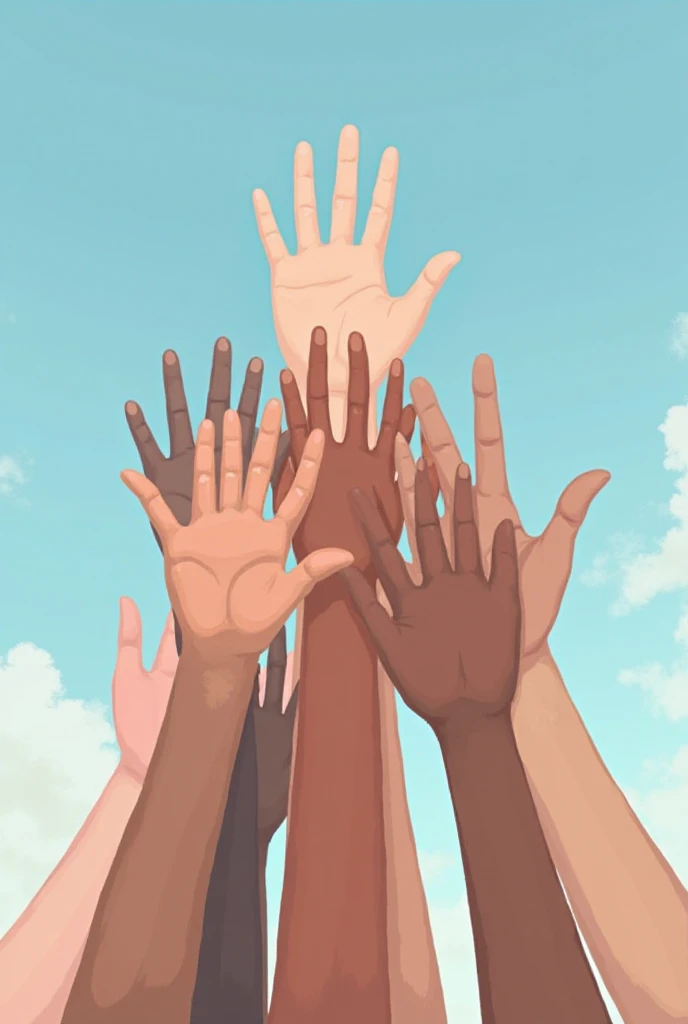 Ghibli-style artwork depicting a harmonious circle of hands stacked atop each other, representing people of diverse ethnic and cultural backgrounds. The background features a serene landscape with soft, warm colors. The left side of the image is left blank, providing ample space for text, while the scene embodies the concepts of teamwork, community, cooperation, and racial equality.