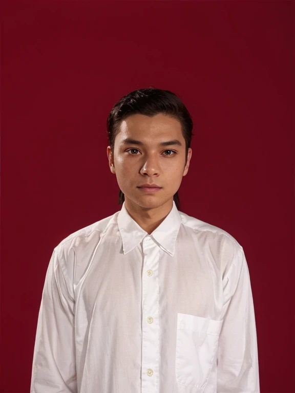 Photorealistic passport photo, a 25 year old Indonesianya man with a fit body, fit face, wearing a black suit, white shirt, red tie, medium hair. behind man are blank. The background color is plain bright red, blank background, empty background, without passport book, very realistic, front view. Ultra HD.