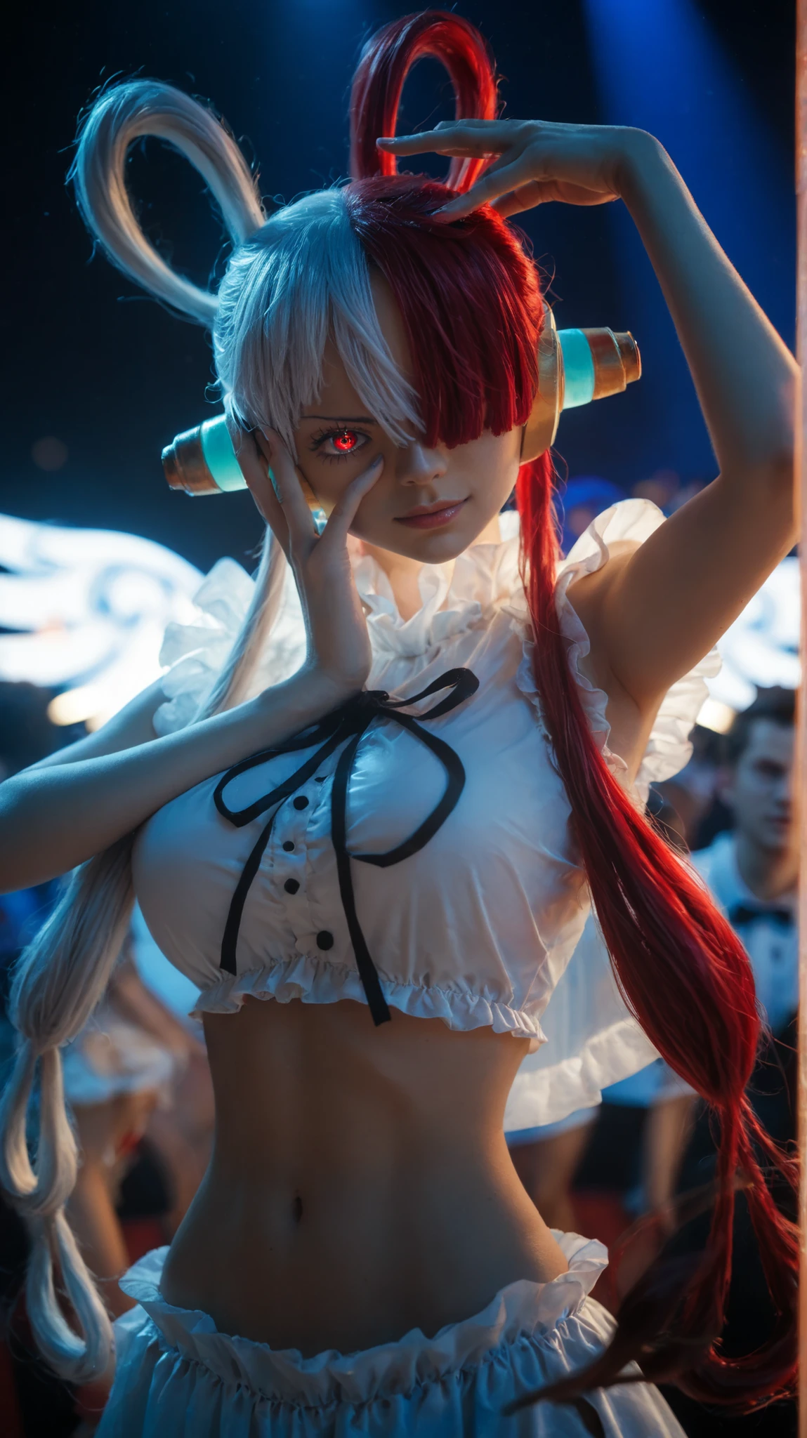 best quality, masterpiece, 1 girl, Uta from One Piece, standing on a concert stage at night, serious expression, long split-color hair (half red, half white), pigtails, headphones, one eye covered by hair, purple glowing eyes, one hand raised above her head touching her hair, the other hand over her face forming a V shape near the eye, white frilly dress with a black bow, puffy blue sleeves, glowing background symbols, neon red runes, dramatic lighting, cyber concert vibe, moody atmosphere, anime style, full body, focus on hands and face, dynamic pose, vibrant shadows, theatrical ambiance, mysterious glow, asian, cute, beautiful, (21 years old), double hair, red hair, white hair, half red hair half white hair, toned stomach,