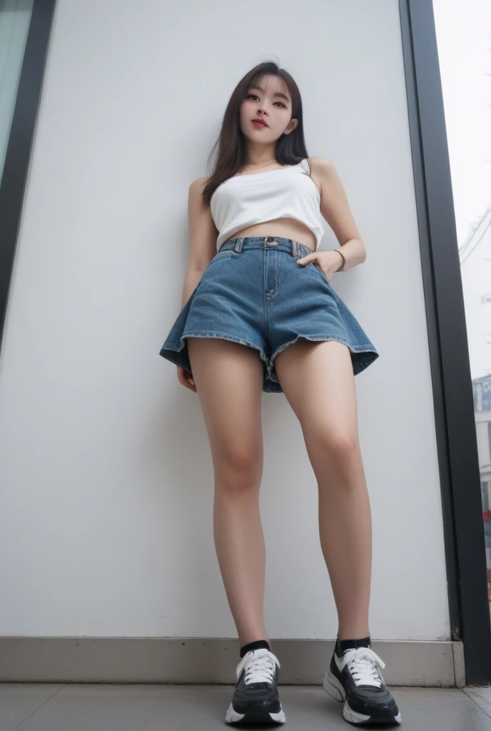 Open shirt, (((Leaning forward))), ((,Round face, Around 17 years old,mini skirt、Loose fitting tank top)), Long Hair, , Natural Makeup, Lips become thicker, Sexy Gaze, barefoot, ((Raise one leg)), Shooting from below,Gentle expression ,((Extremely precise and accurate anatomy)), (masterpiece:1.43), Perfect Proportions, Realistic photos, Full Shot, whole body, (height: 165cm),