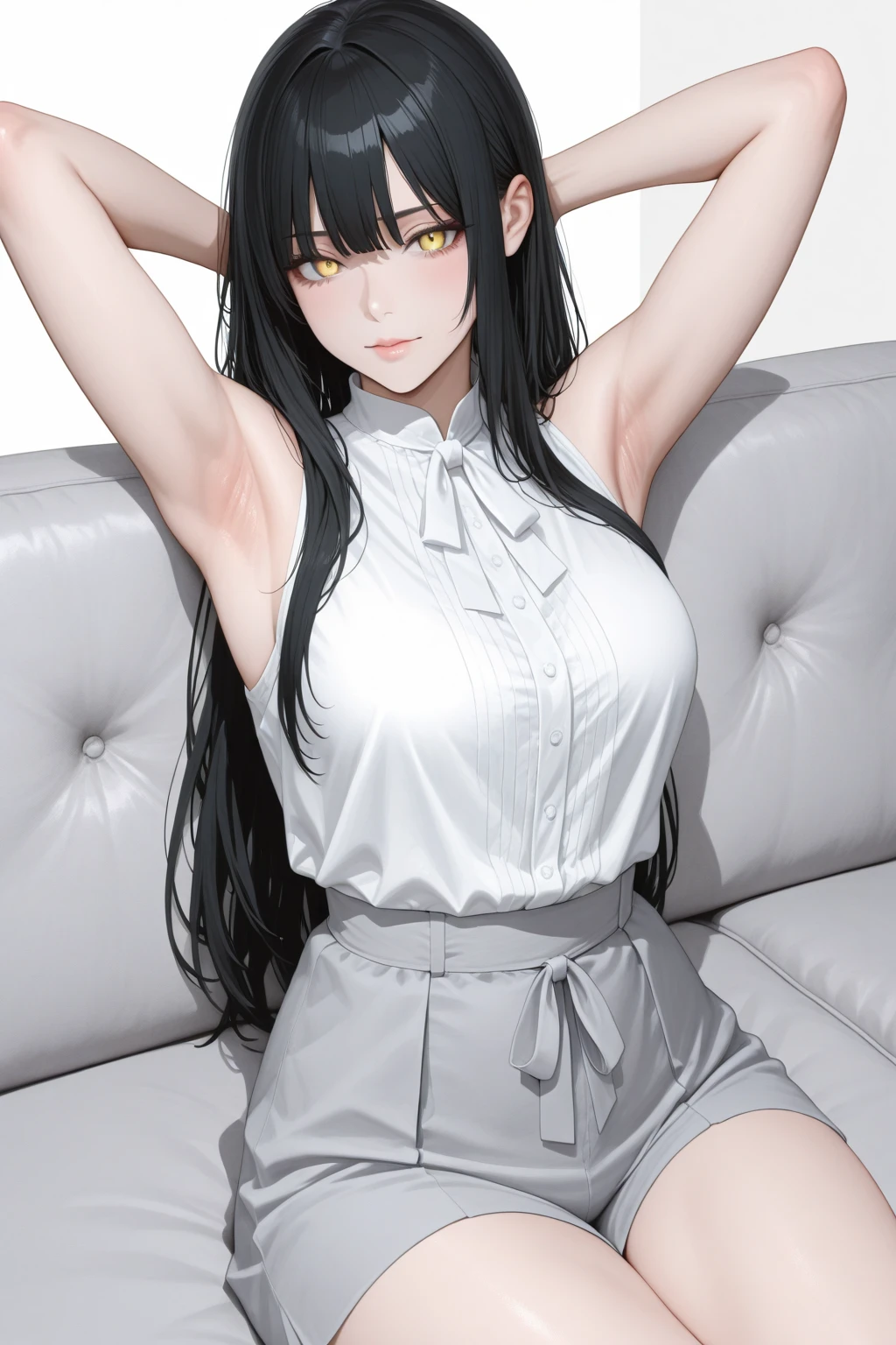 <lora:pantyhose_v10:0.2> anime, a thin woman, 30yo, slim body, (unbuttoned shirt:1.19), high waist (black_pantyhose:1.2), posing on the bed, eye contact, smirking, full body, legs, beautiful face, detailed background, candles lighting, smile, light makeup, (masterpiece, high res, award winning, 8k)
