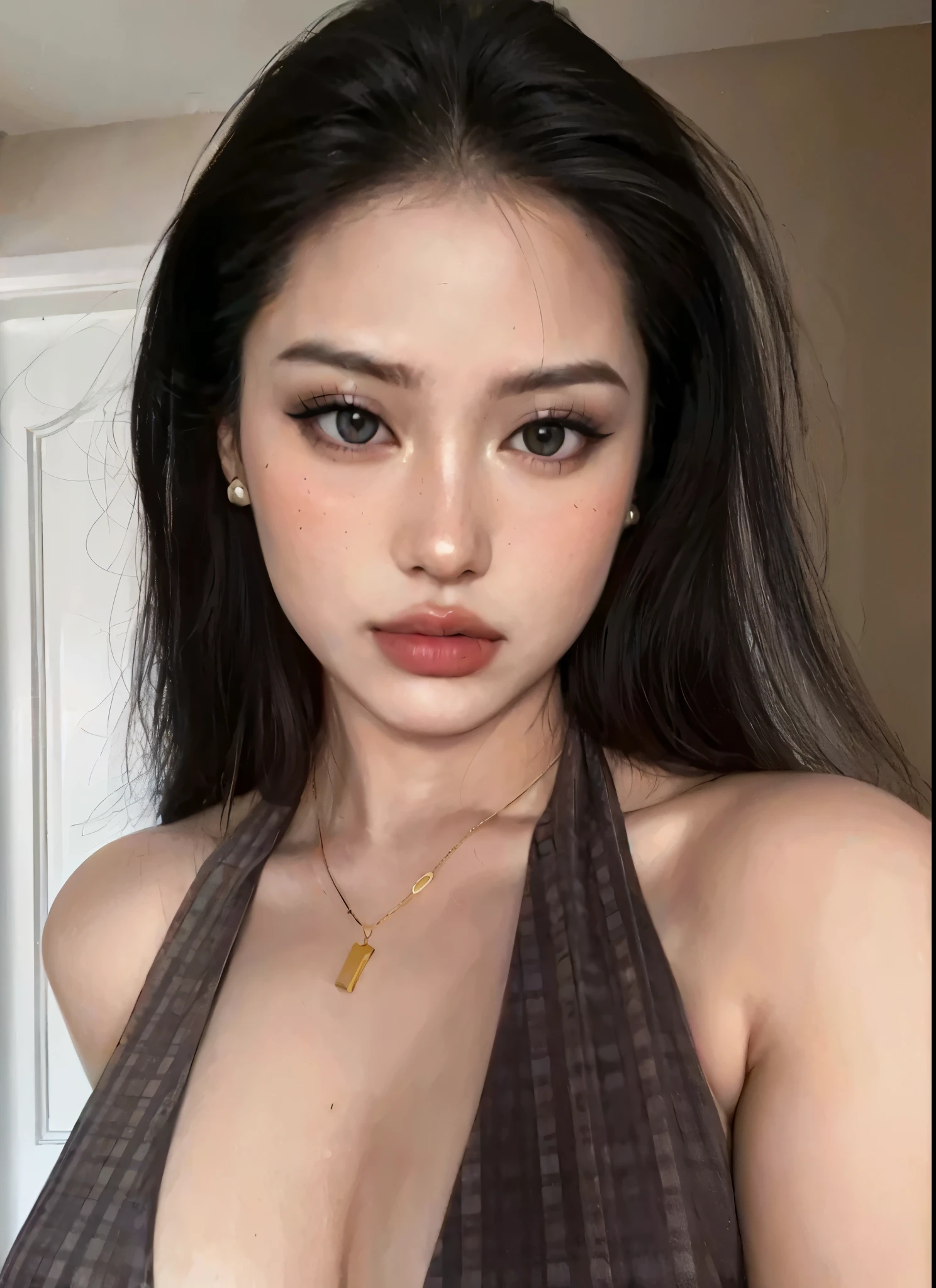 masterpiece, best quality, RAW photos, high resolution, hyper-detailing, Focus on the face, looking at viewer, Detailed eyebrows, realistic beautiful eyes, realistic glossy skin, straight Bangs, realistic movie lighting, detail shaded, high contrast, Slender, big boob, Big breasts, Exposed cleavage, open mouse, nsfw, Sexy face, Facial expressions when receiving pleasure, ((Dark background)),