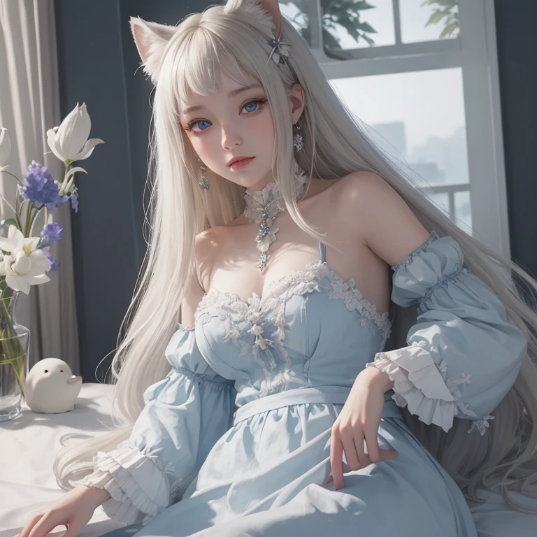 ((Masterpiece)), ((Best Quality)), ((Beautifully Painted)), ((Very detailed)), 1 Girl, Snow White Double Tail {{White Hair Bow}}, Snow White Bangs, Snow White Fox Ears, Pink Hairpin, (Cyan Eyes), (Beautiful Delicate Eyes), Light Smile, Blush, Less Clothes, Gray Bow Tie, Gray Layered Skirt, Snow White Furry Fox Tail, White Knees, Room Background