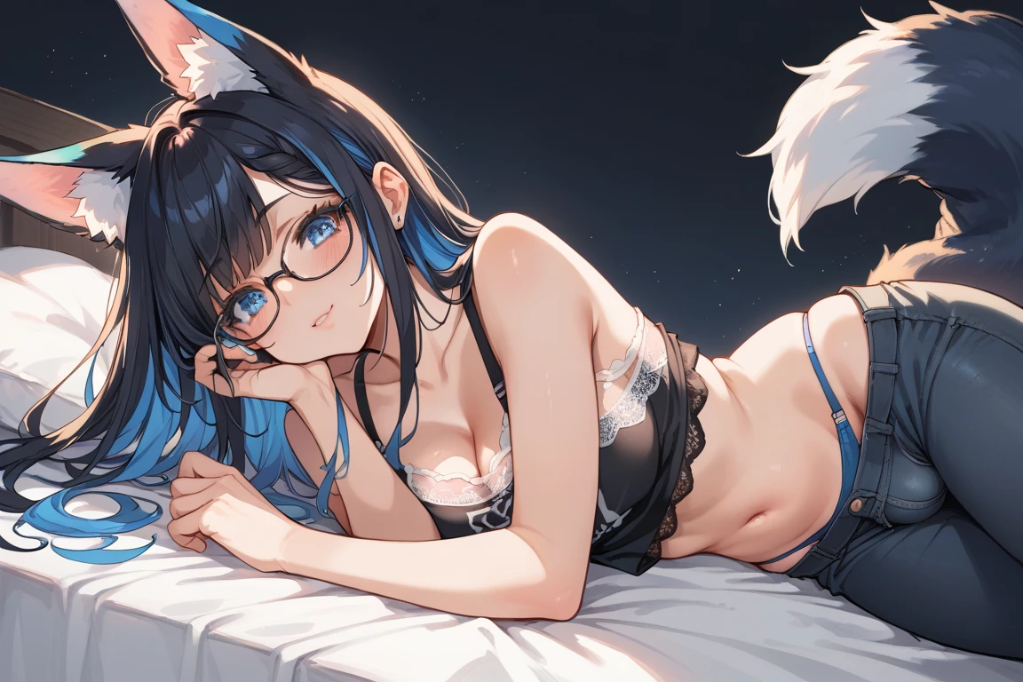 Solo, score_9,score_8_up,score_7_up, a young nerdy Anthro furry wolf woman, white furry body, tall, long black messy hair, hair covering one eye, long bangs, long black hair, blue eyes, black glasses, small breasts, white wolf tail, topless, wearing only black thong, thigh high socks with exposed toes, bored expression, eyes half open, lying on a bed, lying on her stomach, feet up, holding a Nintendo switch, looking at Nintendo switch, barefoot, 4 toes