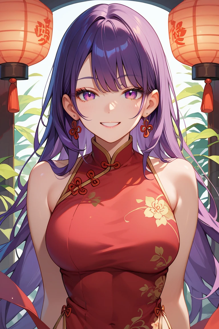 (High quality, High resolution, Fine details), BREAK Pink Chinese Dress, traditional Chinese elements, silk fabric, detailed embroidery, delicate floral patterns, subtle shadows and highlights, solo, curvy women, BREAK Purple hair, ornate hair accessories, sparkling eyes, (Detailed eyes:1.2), subtle makeup, smile, blush, Sweat, Oily skin, ethereal backdrop, soft ambient lighting, shallow depth of field