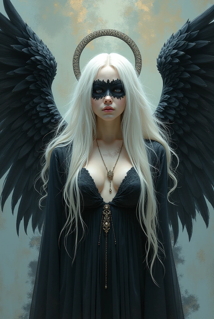 a one woman, blonde, off , blonde, com cara off safada, with the feathers wide open . She is holding the triangle used in the dollar between her legs. She has a pendant with the eye of divine providence.. She has a strip on her head. On that strip, it is written ACHUBESC