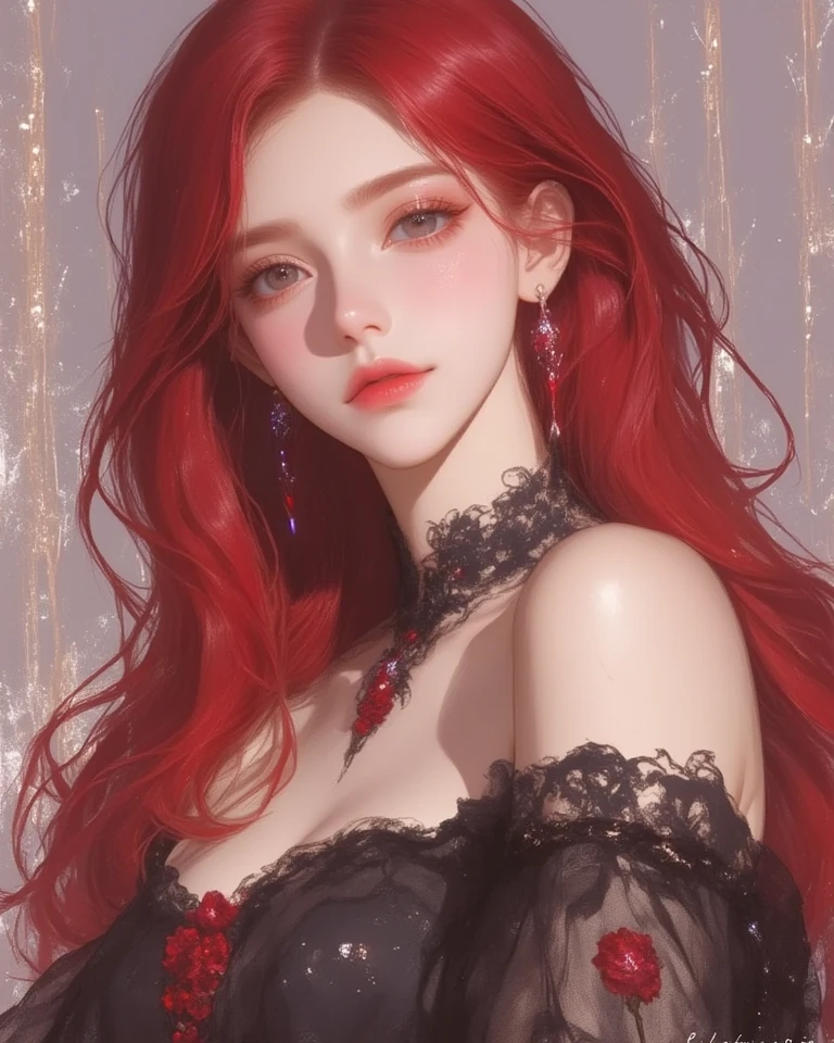 (high quality, masterpiece, ArtStation, Fantasy Art:1.2), A beautiful young girl, rose petals, (long messy red hair), (engulfed black crop top, dress:1.1)