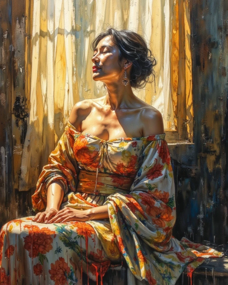 Create a semi-impressionist oil painting of a woman seen from behind. Use soft but visible brush strokes to capture the texture of skin and fabric. The color palette should be predominantly warm., with shades of brown, beige and ochre for the skin and background, contrasting with vibrant colors on the shawl. The focal point should be the woman&#39;s bare back., with soft lighting that highlights its contours. Your hair should be tied back in a loose bun., with some strands falling over her neck. on your shoulders, Paint a silk shawl with floral patterns in bright colors: red, blue, greens and yellows. The brush strokes on the shawl should be looser and more expressive., suggesting movement and texture of the fabric. The background must be abstract, with diffused brush strokes in warm tones that blend softly with skin tones. Use subtle color variations to create depth and atmosphere. Find a balance between realistic detail in the figure and a looser, more atmospheric interpretation in the shawl and background.. The result should evoke a feeling of elegance., intimacy and mystery.