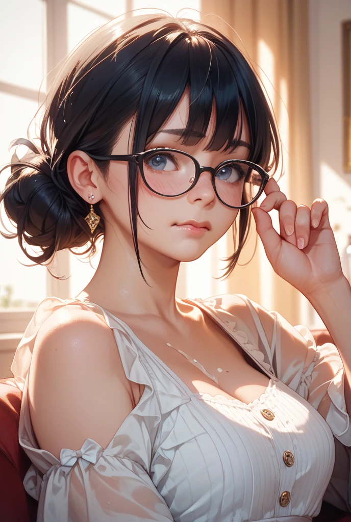 ((best quality)), ((masterpiece)), (detailed), perfect face, a white-toned sexy girl with silver black hair and blue eyes wearing glasses with big breasts wearing a royal dress and a tiara on her head looking outside the window showing her cleavage with a seductive look on her face, close-up side shot, ultra-detailed, 4k