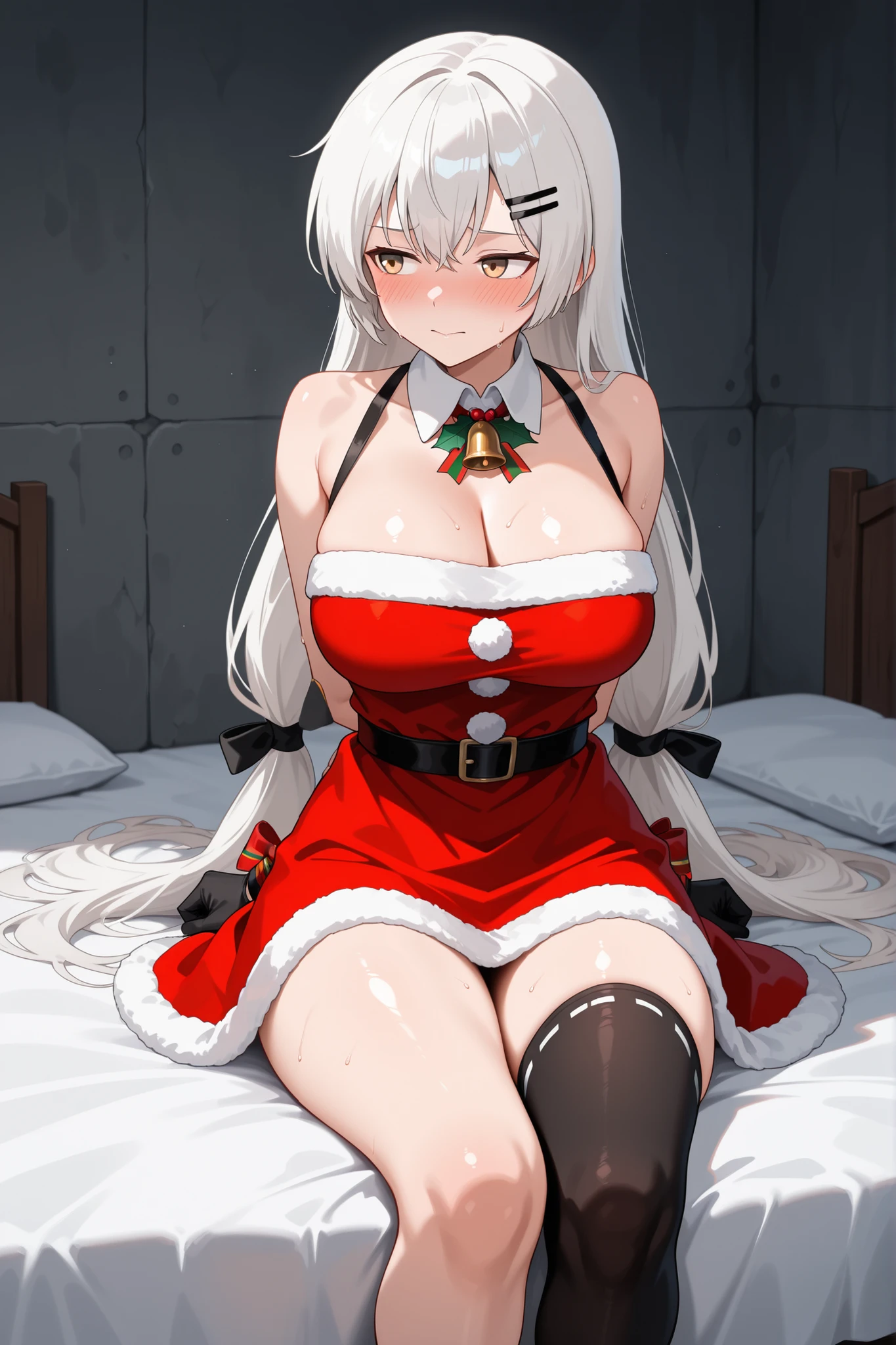 Female, White Hair, Big Boobs, Long Hair, Red Eyes, Wearing Christmas Costume, Collarbone, No Pants or Skirt, Christmas Shoe, Sitting on the floor, Inside a building, Christmas Tree in the background,