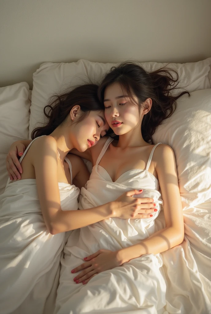 Masterpiece Best Night36Two women、very short hair with brown hair、Sleeping in a hotel bed、Very large breasts、Both of them were sleeping naked.、Cute sleeping face、A man took a photo with an iPhone 15、Calm and intelligent three-band gray eyes , Sleeping face only image、 Hand Detail, Finger details,