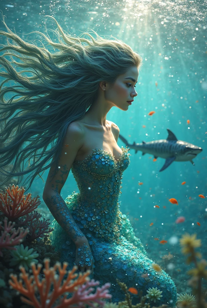 Role: Goddess of the sea
Personality:
She's kind, can talk to the animals under the water and take care of them. She has power.
Appearance:
Beautiful Gentle face
Has curvy beautiful body
Has long curly ash color hair
blue round eyes
Has porcelain color skin
Wearing blue color dress where we can see her curvy body.
Additional: the background is a beautiful sea, she's sitting at the back of a whale playing with the water, can you add some corals in the background. Make her AI looking.