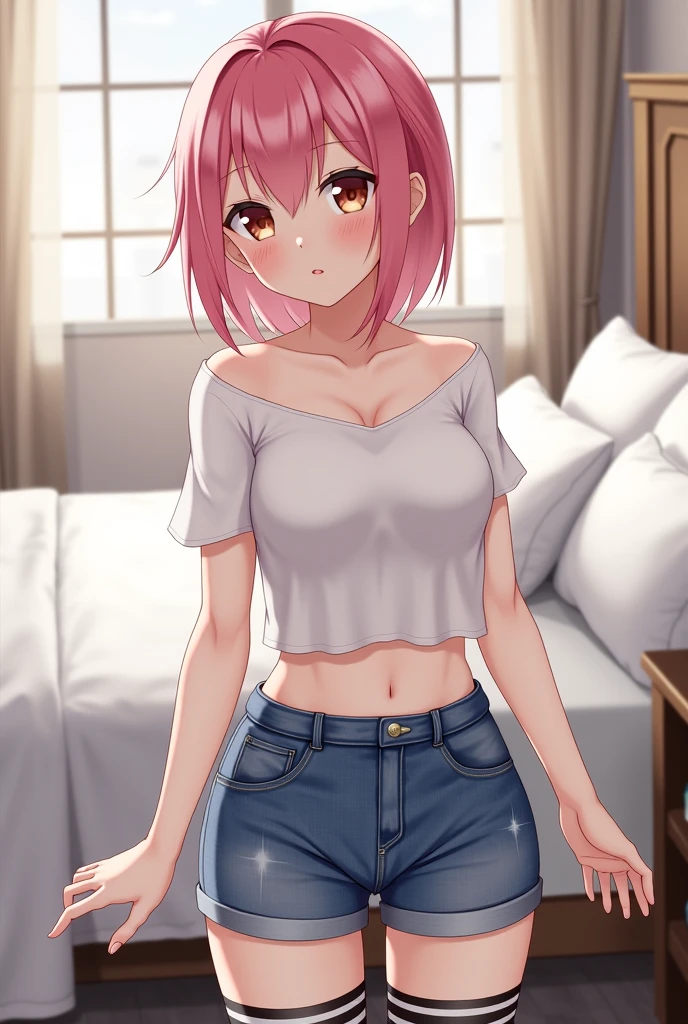 In the bedroom of an adult anime-style setting, a young teenage girl with a playful expression poses sensually, emphasizing her thick thighs and flat chest. She wears a short t-shirt that exposes her midriff and revealing panties, along with stockings that add an element of allure. The artwork is a modern digital creation with strong lineart and a soft painting style, showcasing the artist's attention to detail. As a sister character, this depiction captures the essence of youth and intimacy, making it a captivating piece within the world of adult anime.