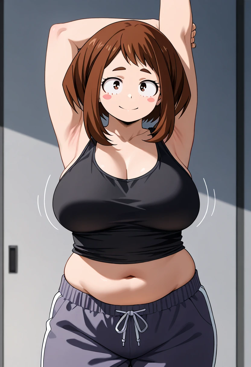 (perfect body),highest quality,(8K portrait),(anime screen cap)、(nsfw)、((surprised)),blush,Sweat,((big breasts)) 、(black hair),((bob cut))、yellow eyes,(thick thighs),((gray sports panties))、gray sports bra、adult woman、((:o))、locker room、hands behind head、both armpits