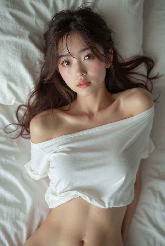 ((RAW Photography, Masterpiece, Picture, Highest Quality, Ultra Detail, Photorealistic Photography: 1.4)), Realistic Lighting, Physically Based Rendering, Hotel Room, Daytime, 1girle, (More Skin; 1.5), (Climax Expression), (Close Your Eyes), Naked, Open Mouth, Middle Chest, Sweaty, Brown Hair, Has Bangs, Long Hair, Disheveled Hair, Hair Back, Take Off Your Clothes, (Sleep on Your Back), Look Up, ( Open legs), hips up, POV, front view, high angle shot