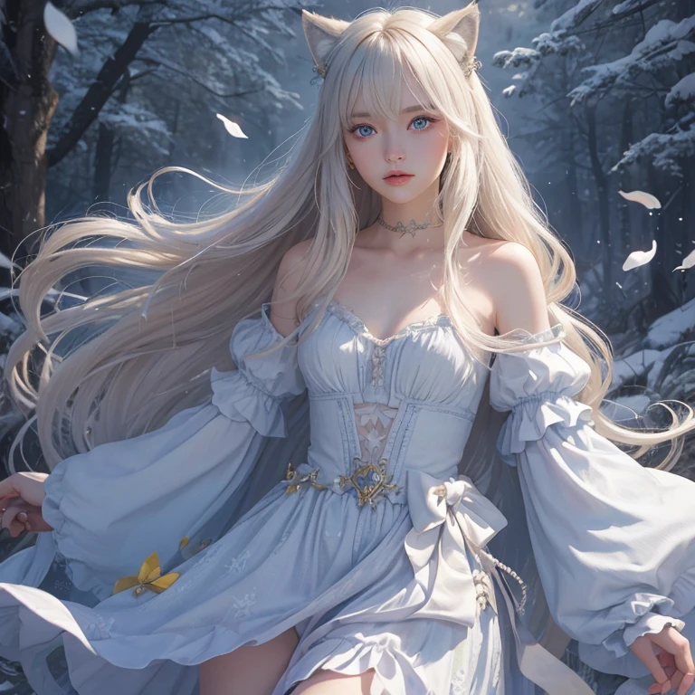 A hyper-realistic 3D render of a female human and nine-tailed fox fusion, with a 7:3 ratio, in a snowy environment. The female has a seductive expression, wearing a long, flowing mink fur dress. The nine tails are artistically arranged around her. The background features a tranquil snow-covered forest with a subtle winter mist. Soft, natural lighting creates an ethereal glow. Created Using: hyper-realistic 3D rendering, fantasy realism, high detail textures, advanced lighting techniques, winter setting, atmospheric fog, dynamic posing, natural shadows --ar 16:9 --v 6.0
