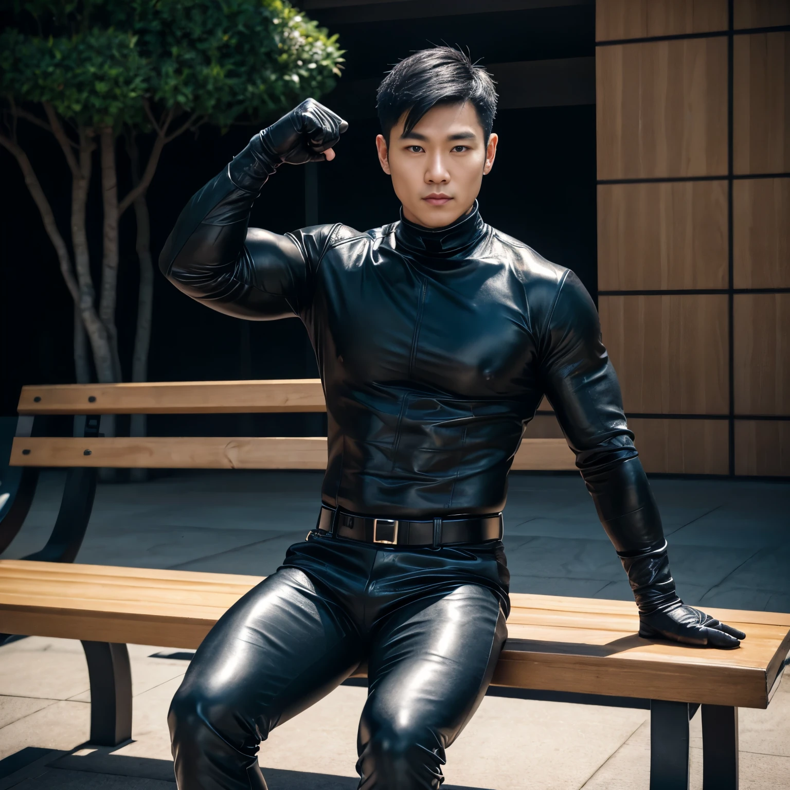 thin waist, wide shoulders，Slender legs，short hair，Song Weilong wears black latex clothing，Wearing black latex gloves，abdominal muscles，Full body appearance，chest muscles，sports student，no beard，Squats，no body hair，Black leather boots，no chest hair，No beard，Abdomen thrust forward，The whole body is facing the camera，pain，Protruding crotch，Show your crotch，Cocked buttocks，obscene chest strap，neck strap，Wearing black cat ears，Emphasis on men