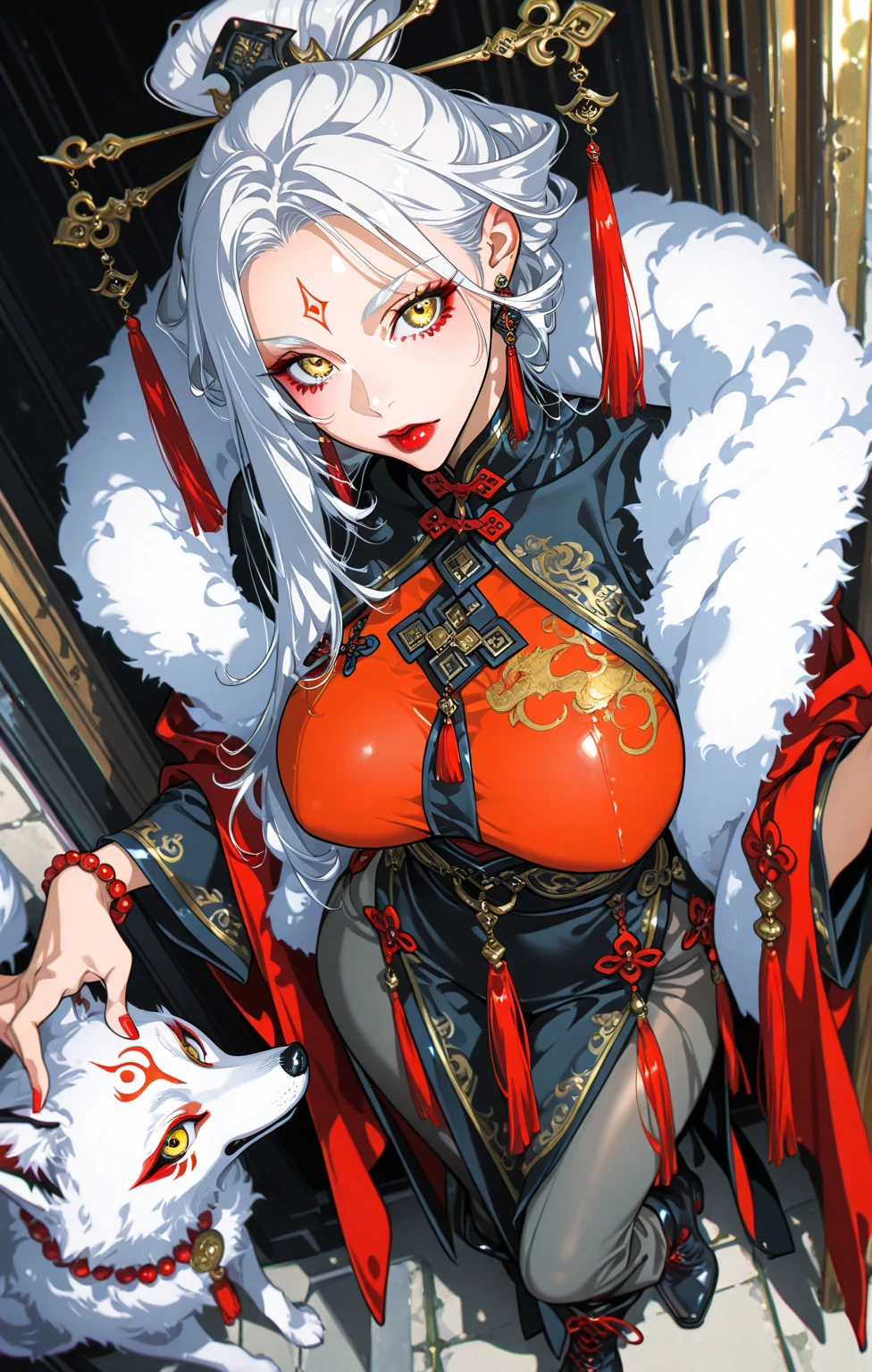 Anime femenino, kitsune blanca, hermosa, con grandes tetas, ((vestido negro con muchos detalles y tela fina)) con un vaso de vino tinto