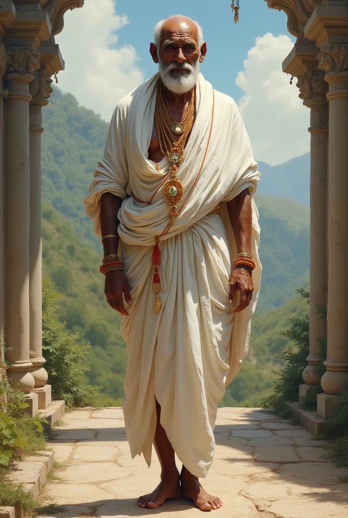 An old wise man, bare chested, tying a white asooke fabric across his left shoulder but it covers his bare chest, holding a high and tall walking stick with no spear, wearing a black Ngas traditional cap, he wears a sandals.