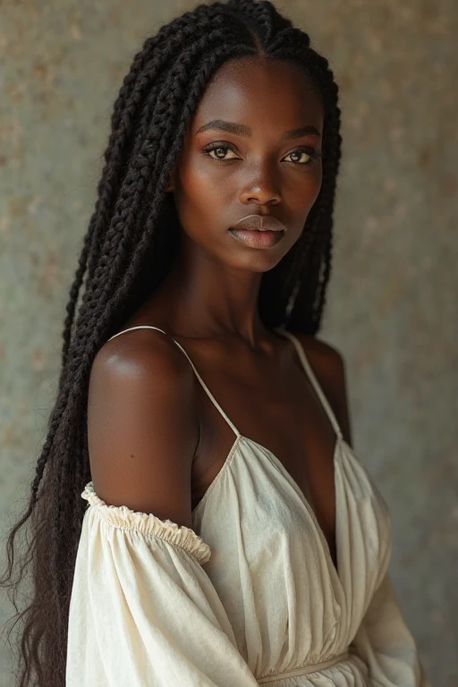 "Young Black woman with lace-braided hairstyle, wearing a sleeveless dress with a flowing kimono, realistic, high-quality, intricate details, soft natural light, stylish and confident pose --v 5 --ar 16:9 --q 2 --chaos 10 --style realistic"