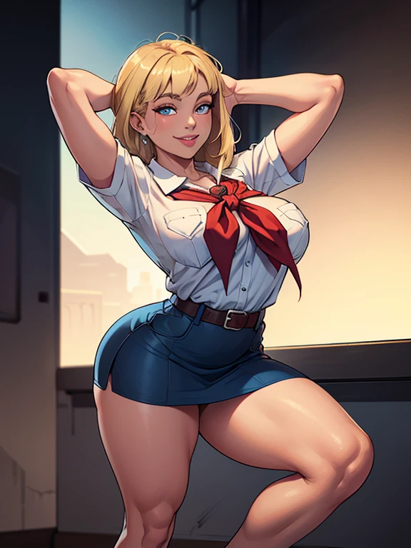(Masterpiece), Sharp Image, full body, from feet to head full body view, standing straight, she looks down at the viewer from above, perspective view from below, perfect anatomy, perfect hands, perfect legs, A white mature woman with blonde hair, tall woman, short hair, pixie hair (best quality), Ultra resolution, professional art, ultra detailed, perfect lighting, athletic body, strong and muscular, small perky breasts, tight long pencil skirt, white pencil skirt, expression seductive, female focus, (NSFW), blue eyes, smiles, yellow high heels, white stockings, White Tights, sexy toned legs