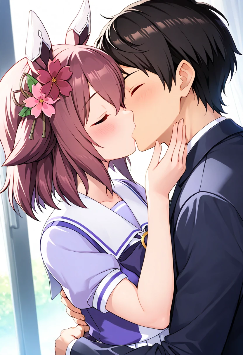 One girl, alone, smile, Are standing, mini skirt, Upper Body, Hanadera Nodoka,Face close-up、 (Fellatio gestures:1.3), (Open your mouth:1.2), Leaning forward, (Long Tongue:1.3), (Place your hand near your mouth)、3 Boys、、3 Penis:1.3、Facial:1.3,Ejaculating and releasing a lot of semen、Staring at the penis:1.3