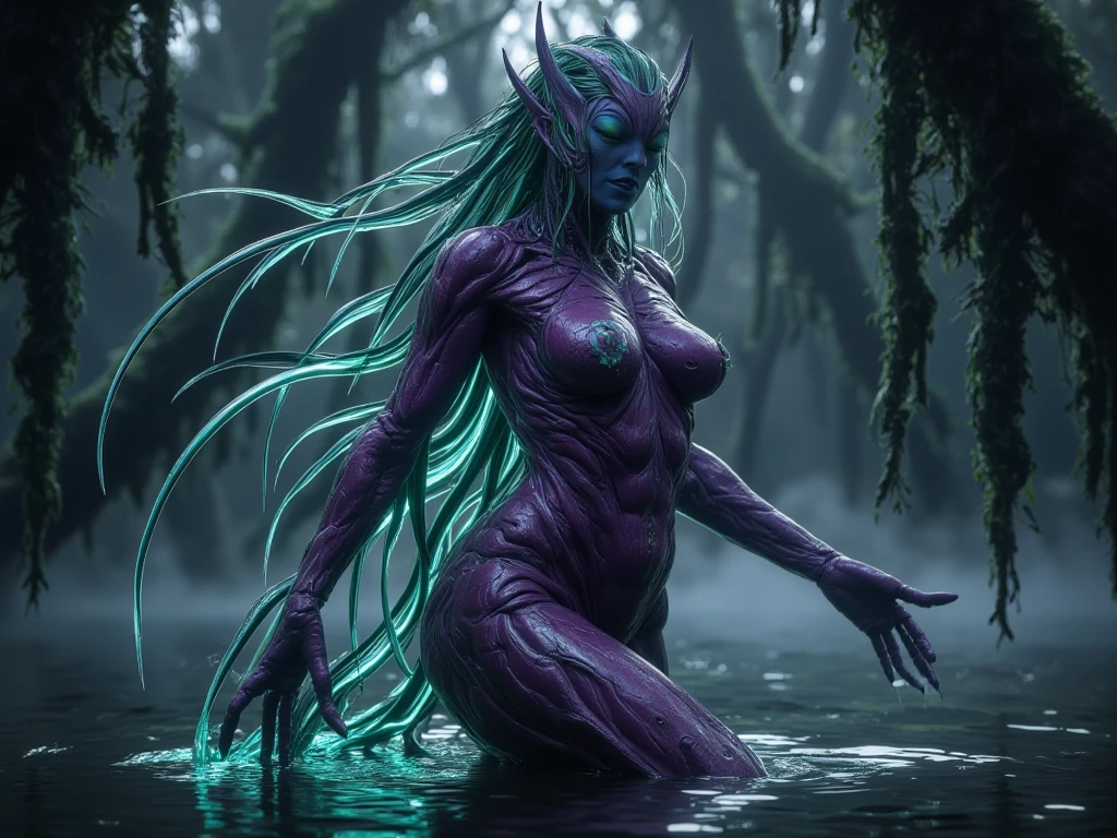 Dressed ((fur)) female alien, anthropomorphic avatar, three eyes, an eye in the middle of the forehead, cat ears, pointed beak, slender fingers, green flashing in the eyes, two hands, looking fierce, with a huge banyan tree, glittering, glowing plants in the background