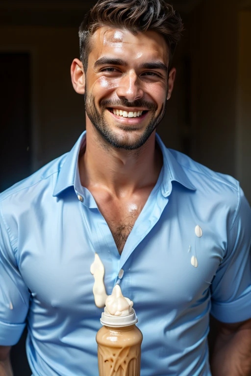 (absurdres, highres, ultra detailed), 1 male, solo, handsome, extremely detailed facial features, tall muscular guy, sexy gaze, mature, wet, focus on his calm facial features, looking at the viewers romantically, shirtless, bare body, largest breasts covered with heavy milk, heavy milk splashed all over his chest, heavy milk dipping from his nipples, sexy posture, wearing black underwear,