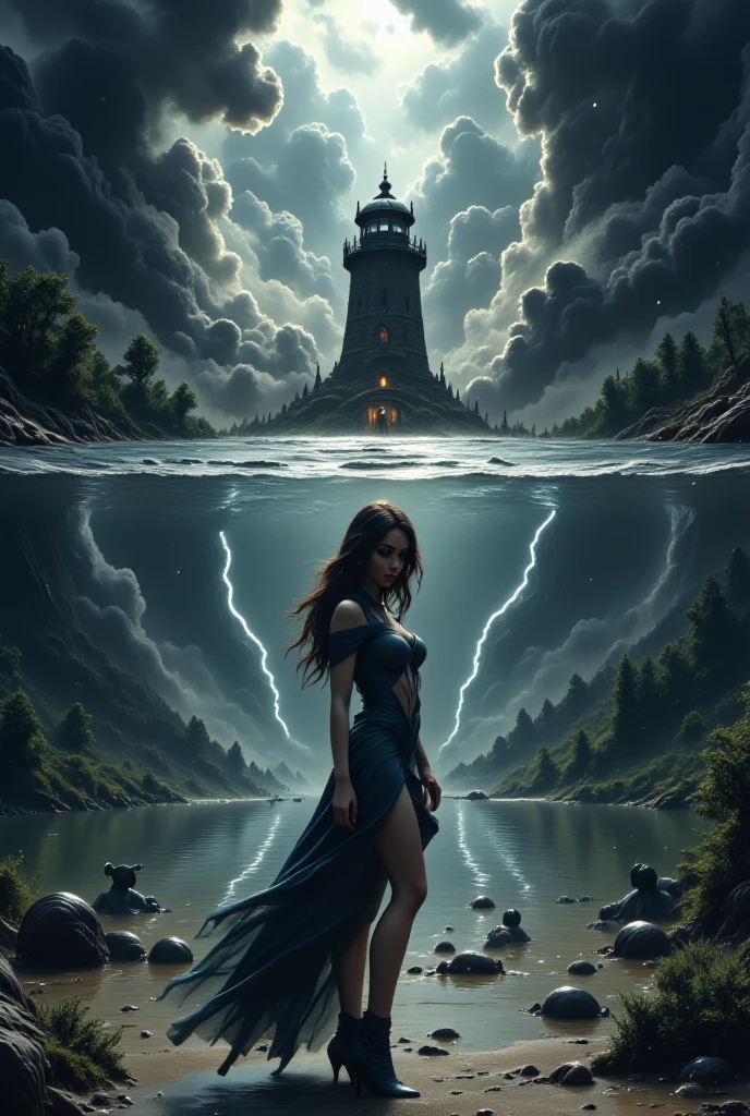 (a beautiful woman) singing, sitting on jagged rocks in the stormy ocean. (a ship) crashes violently into the rocks. cinematic lighting, volumetric light. stormclouds. dark sky. detailed face, intricate eyes.