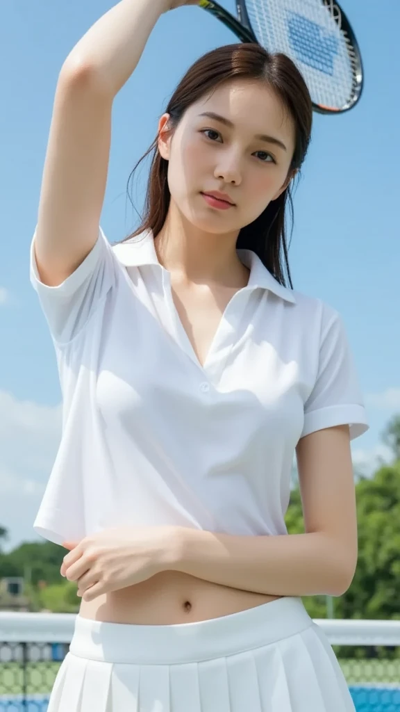neat, petite, (long white silk camisole, white panties), outside the athletic field, (slim, small, flat), photorealistic, detail, skin texture, ultra detail, delicate sexy collarbone, super detailed face, detailed lips, detailed eyes, double eyelids, 10 year old girl, sexual expression