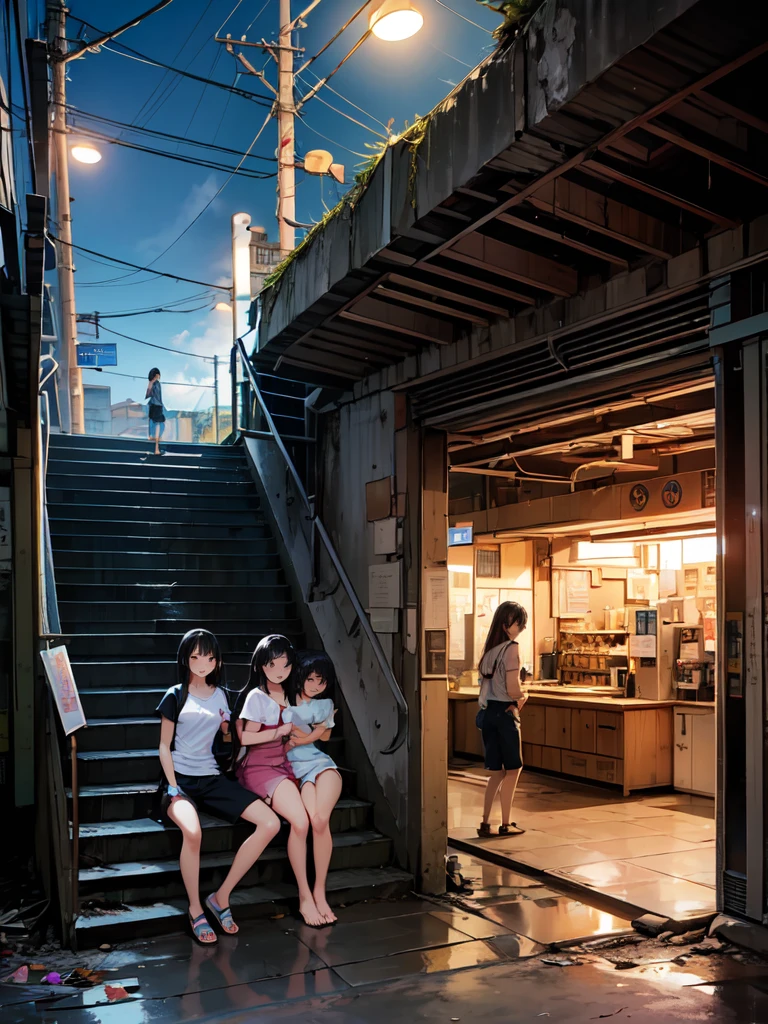 In front of the convenience store,Customers sit at tables and drink drinks,The background is a convenience store,夏天,Top-down oversight