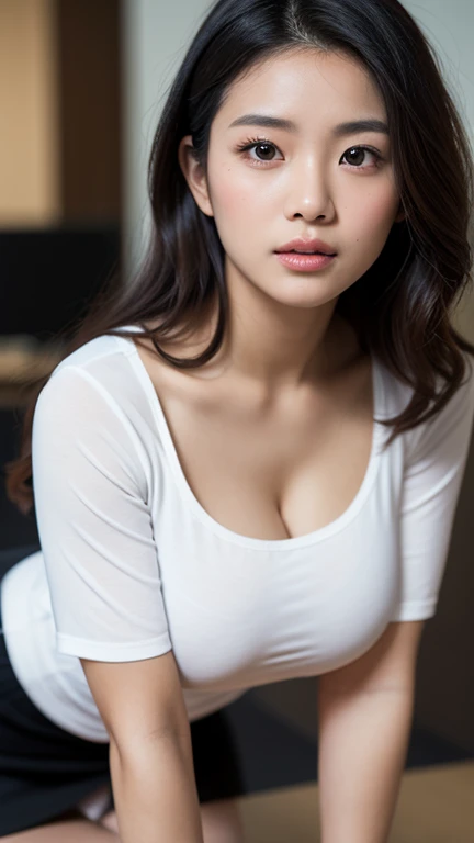 (detailed face),((crotch)),normal breasts,pretty,white sleeveless shirt blouse,4k ,super high resolution ,(photo-realistic: 1.7), gray background,long hair,