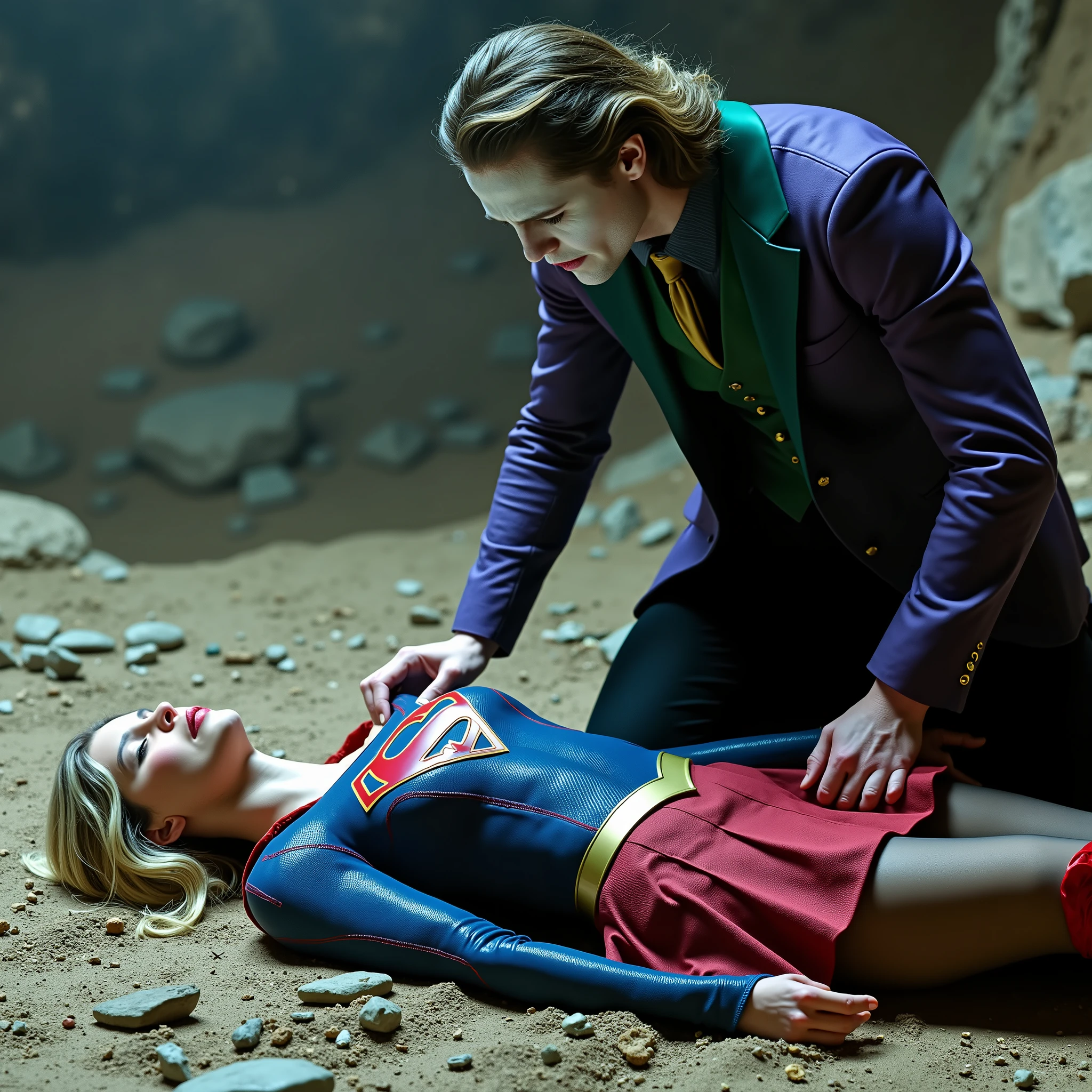 Supergirl is lying flat on the dirt, very bright white skin, can see whole body, She is wearing a thin black pantyhose, very short red skirt, flipped up skirt, red knee height long boots, blonde hair, unconsciousness, eyes close, painful face, Joker is bending over to Supergirl body, left hand is under her skirt, right hand is grabbing her neck, photorealistic, hyperrealism, night time, underground cave,