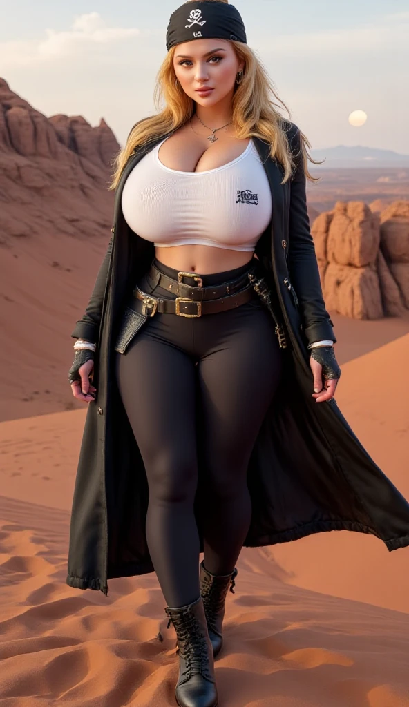 b1mb0 woman, green military jumpsuit, belt, boots, standing in a military camp, desert, full body, long blonde hair, cleavage, 
(best quality, detailed, qhd), random position, random pose position,