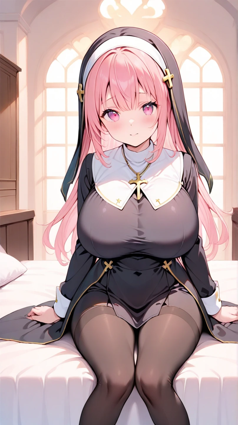 masterpiece,highest quality,(Super detailed),masterpiece,written boundary depth,perfect sentence, Detailed CG,Super detailed,(highly detailed eyes,very cute face,highly detailed face:1.3),beautiful anime girl,(solo girl:1.9),(super huge breasts:1.9),(pink hair,low twin tails:1.5),(light blue eyes:1.3),(smile full of joy:1.3),open your mouth,show viewer,break,(nun,cassock costume:1.5),side boob,church,Stained glass,holy light,(join hands,pray:1.5),kneel down,(whole body)
