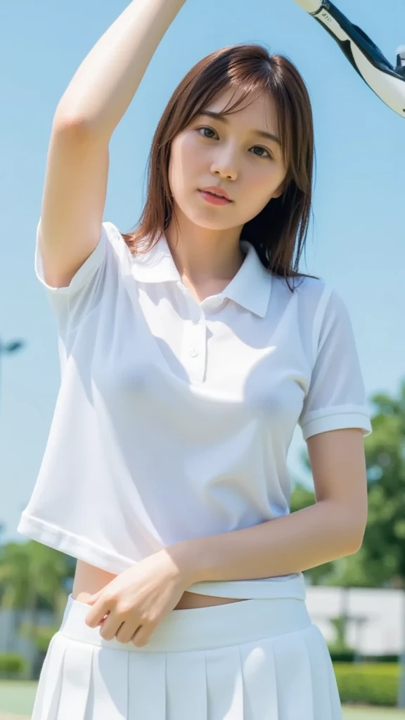 1girl, solo, white polo shirt, white sneakers, tennis wear, white miniskirt, masterpiece, best quality, realistic, hyper-detailed, (shiny skin, sweaty:1.4), absurd, looking at viewer, short black hair, brown eyes, slender, dynamic lighting, high resolution, sharp focus, depth of field, detailed eyes, sharp pupils, realistic pupils, (small breasts:1.6), (thick thighs:1.0), outdoor, sky