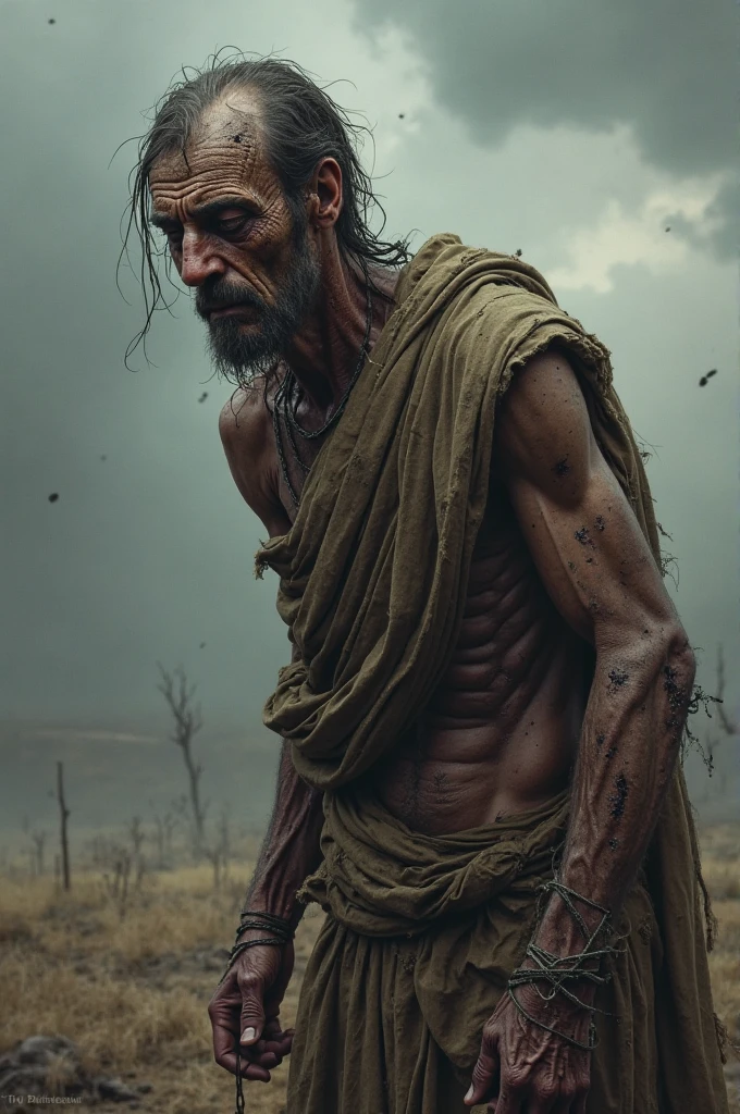 malnourished man without a shirt, with marks of wounds on the body, a somewhat broken gray ragdoll and an Elden Ring prisoner's iron helmet mask, realistic black background low light