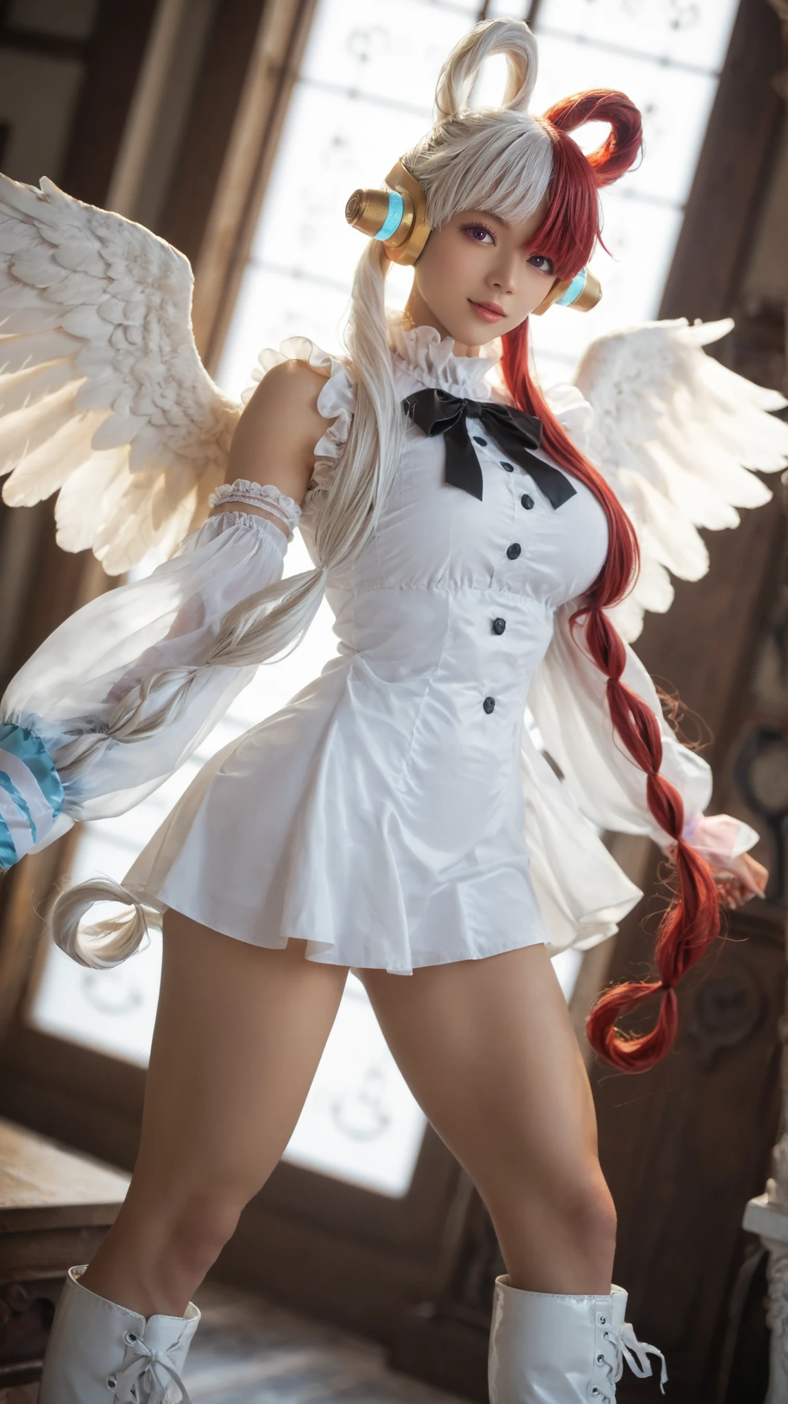 UtaOP, 1 girl, alone, long hair, multicolored hair, split hair, two long pigtails with two circle braids, hair ornament, glowing purple eyes, bangs, gold headphones, left eye is covered by her white hair, two-toned hair, lips, large chest, short white dress, dress to the upper thighs, ruffled neckline, black bow on the neck, black button, light blue sleeve on the left arm, single sleeve, long sleeve, blue armbands on the right arm, a pair of feathered wings on the back, the one on the right wing pink and the one on the left wing white, wide hips, white boots with numerous designs, Asian, cute, beautiful, (21 years old), double hair, red hair, white hair, half red hair half white hair, toned stomach,