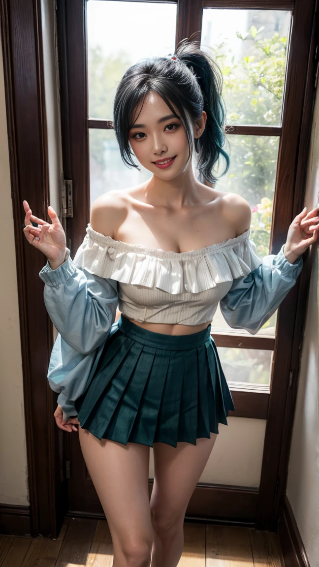Highly detailed CG Unity 8K wallpaper, highest quality, Super detailed, masterpiece, realistic, photo realistic, Highly detailed cute girl, 20-year-old, (skirt lift), ((skirt lift by myself)), white panties , panties focus, blush,  looking at the viewer , half body shot , wearing an off-shoulder shirt , (crowd), (crowded park) , short hair,blue hair