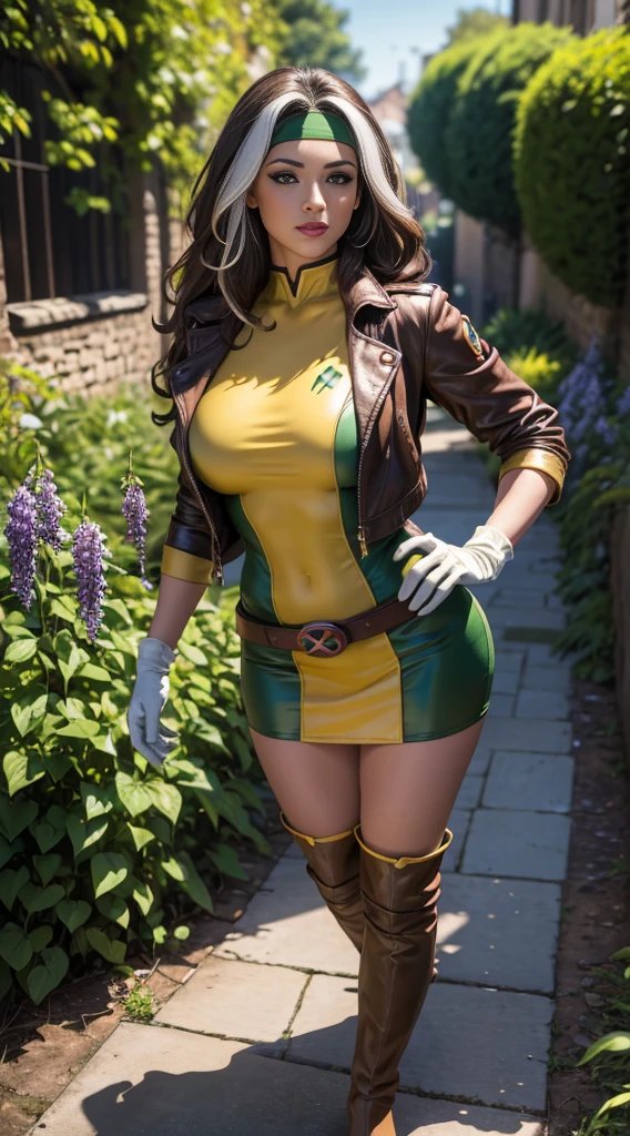 (masterpiece:1.0), (best_quality:1.2), Classic Rogue, 1991 Rogue X-Men, 1 girl, Only 1, full body view, medium length hair, brown hair, wavy hair, messy hair, one lock of white hair, green eyes, mischievous look, smirking, huge breasts, lipstick, makeup,, headband, belt, yellow gloves, sunlight, sunrays, light source from above, (realism: 1.5), (Realistic: 1.4), (Absurdity:1.4), 8k, ultra-detailed, Detailed Beautiful Woman, background of rural Mississippi, walking on railroad tracks, walking towards the viewer, willow trees, magnolia, official art, extremely detailed CG unity 8k wallpaper, perfect lighting, Colorful, ultra high res, photography, 8K, HDR, Kodak portra 400, film grain, blurry background, (bokeh:1.2), lens flare, (vibrant_color:1.2), professional photograph, full body (NSFW breasts), hdri, extremely naked, nude, nua, pelada, nsfw, gigantic breast 1.9