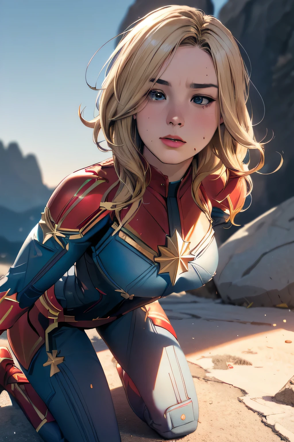 (masterpiece:1.3), (8k, realistic, RAW photo, top quality: 1.4), absurd, charm, super high resolution , Super Real, very well detailed, golden ratio, (realistic), (best shadows), low contrast, (complicated:1.4), Side Lighting, 8k, beautiful face, (realistic Face), Beautiful Hairstyle, realistic eyes, beautiful details, (realistic Skin), beautiful skin, (one girl), ((Brie Larson, Captain Marvel)), ((peace sign facing camera:1.1)), (accurate depiction of a hand and finger kneeling on a rock), (blonde long hair:1.3), (half closed eyes), (surprised expression:1.1), (flashing), (sweat),