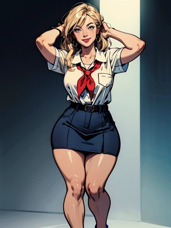 Thin woman, 4K (High definition), Considered, teacher in red dress (of buttons) with V-neck and short sleeves, black belt, pele caucasiana, shoulder length blonde hair, sitting down, eyes browns, curvy with freckles and little beads of sweat running down her forehead and chest. marvel style, white background.