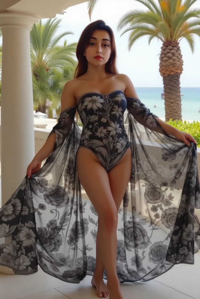A beautiful and hot almost chubby mature woman.who is wearing a patterned short dress and is and standing in the resort. A smiling face、sexy woman、A radiant smile、adorable、race、Frills、Colorful design、Full-length mirror、An inviting gaze、Gorgeous long and beautiful hairstyle、variation Hairstyle、Open neck blouse、Alluring、Flower Garden、Sparkling、elegant princess、Full body description、1people。Front view
